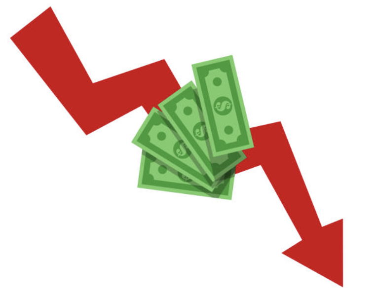 Image of an arrow pointing downwards with dollar bills on top, signifying that you're losing money. Lost revenue due to having broken links.